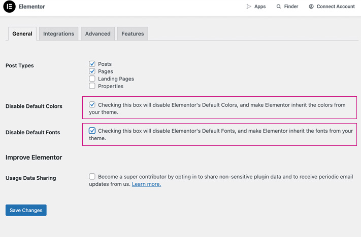 Elementor settings
